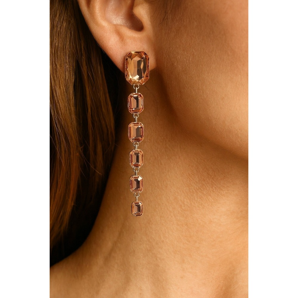 Women's‎ Peach Rectangle Stone Link Drop Earrings - 2.6" Long